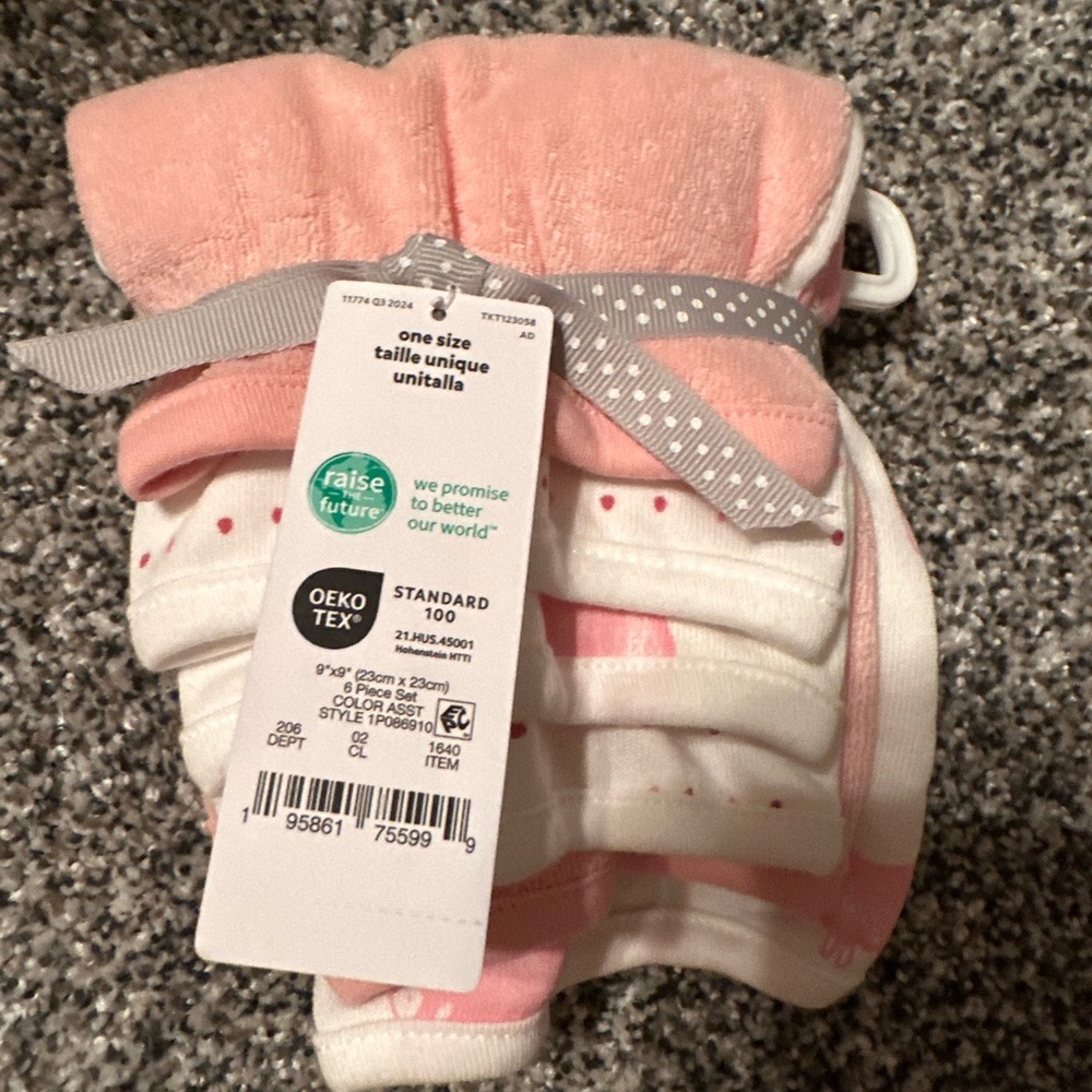 Carter's Pink and White Baby Bib Set 3 pack of 6 wash cloths